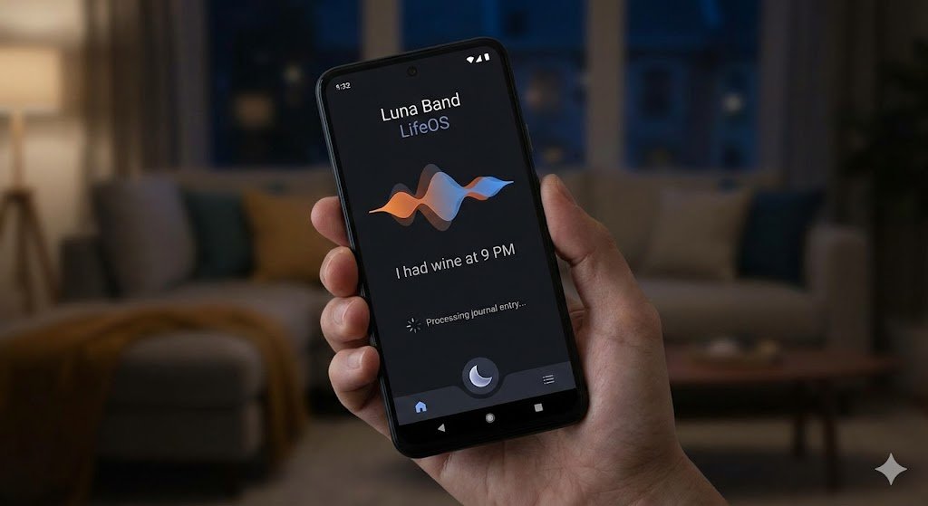 A smartphone mockup showing the Luna Band's LifeOS interface processing a voice command ("I had wine at 9 PM")