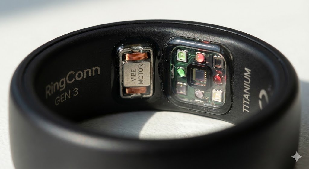 A close-up of the inside of the RingConn Gen 3, highlighting the tiny new vibration motor and the optical sensors.
