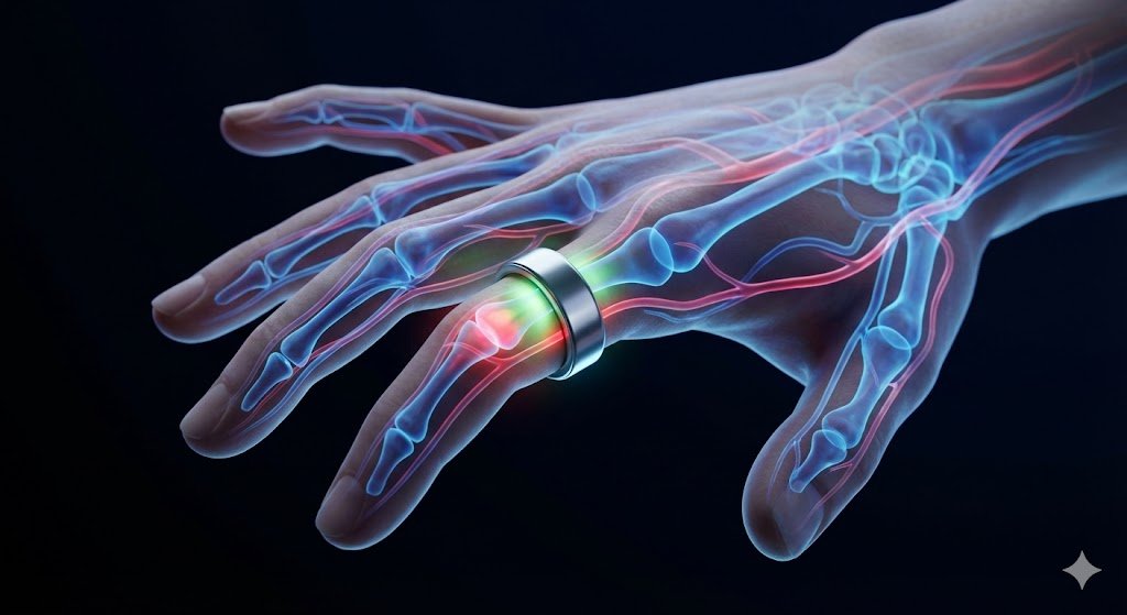 sensors (the glowing lights) measure blood flow beneath the skin to calculate Pulse Transit Time.