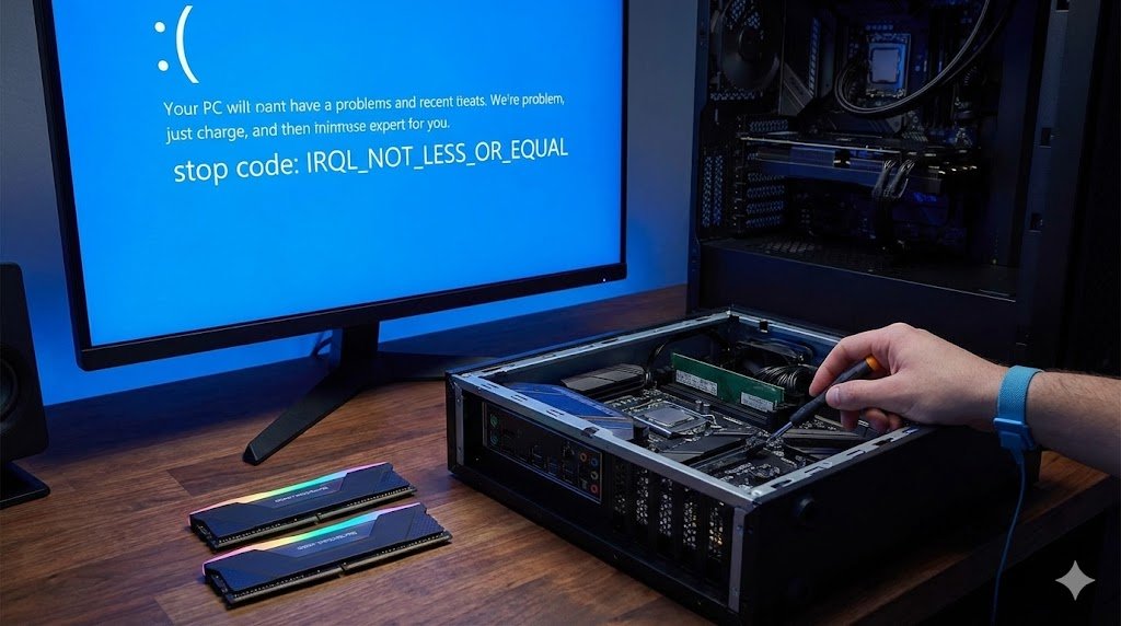 A computer monitor displaying the IRQL_NOT_LESS_OR_EQUAL Blue Screen of Death error, next to an open PC case where a person is troubleshooting hardware, with two RGB RAM sticks resting on a wooden desk.