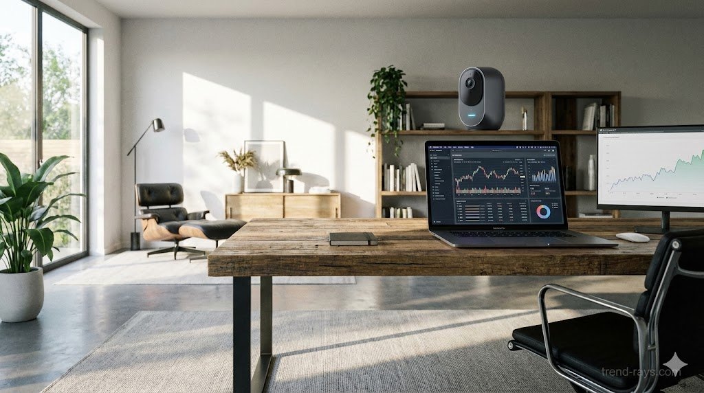 A wide-angle landscape photograph of a contemporary home office. A large wooden desk holds a laptop with data charts on screen and a second monitor. A sleek, dark grey AI-powered security camera with a subtle glowing indicator light is discreetly perched on a bookshelf in the background, overlooking the room. The room is brightly lit with natural light from a window. A subtle translucent watermark "trend-rays.com" is in the bottom right corner.
