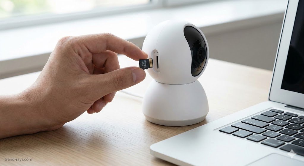 A close-up photograph of a person's hand holding a tiny microSD card between their thumb and forefinger, about to insert it into the side slot of a modern white indoor security camera. The camera is sitting on a desk next to a laptop keyboard. The focus is sharp on the card and the slot. 