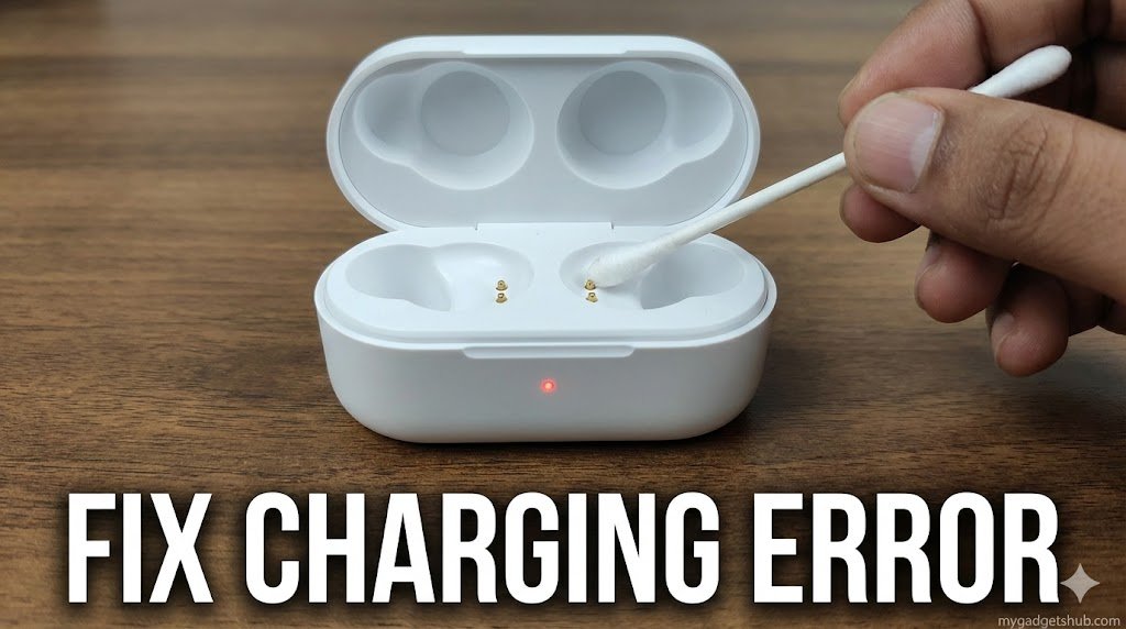 Close-up of a white Noise Buds VS102 case with a blinking red LED indicator. Next to it, a cotton swab cleaning the golden charging pins. Bold text overlay: "Fix Charging Error