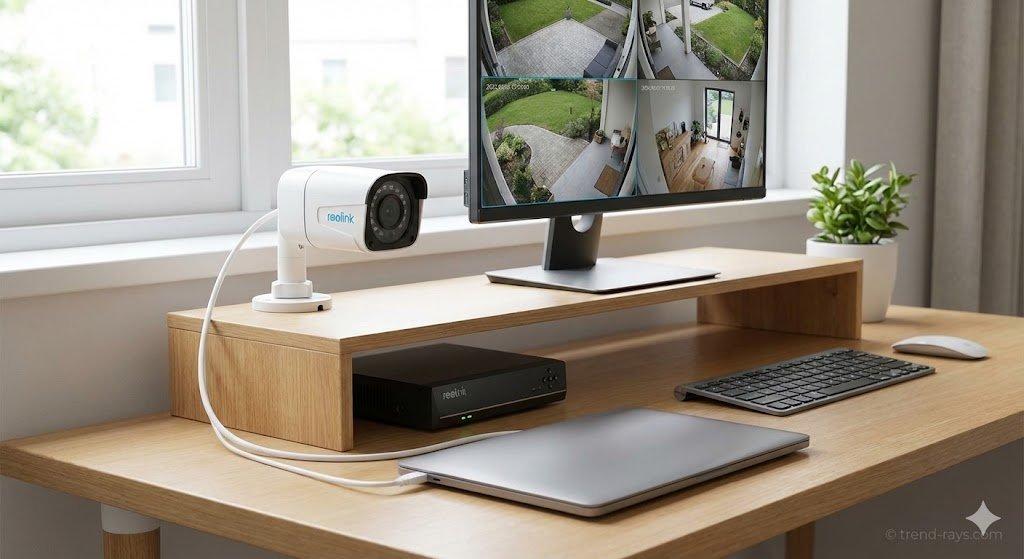 A clean desk setup shot focusing on a Reolink PoE security camera connected via a single white Ethernet cable that runs down to a small, sleek black Network Video Recorder (NVR) box sitting under a monitor stand. A status light on the NVR is glowing green. The monitor above shows a four-panel split-screen security feed.